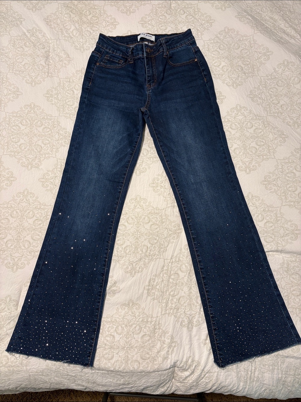 Wax Jean Dark Blue Rhinestone Flare Jeans Sz 7 frayed at bottom, stretchy